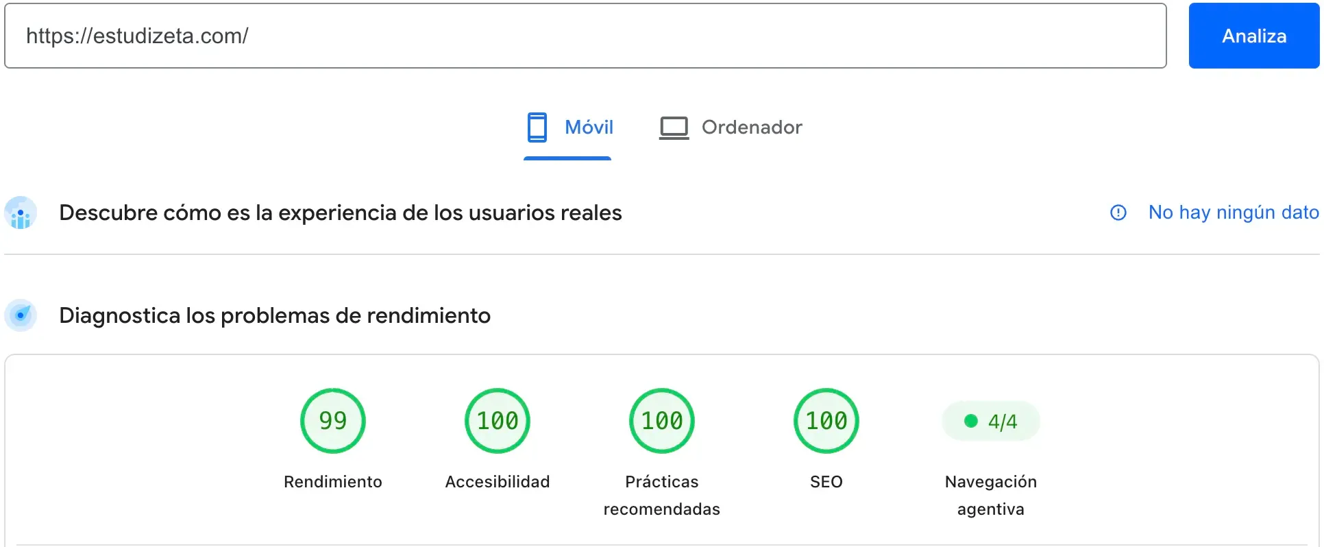 Panell de PageSpeed Insights d'estudizeta.com, 100 en Rendiment, Accessibilitat, Pràctiques recomanades i SEO, i 3/3 en Navegació agèntica