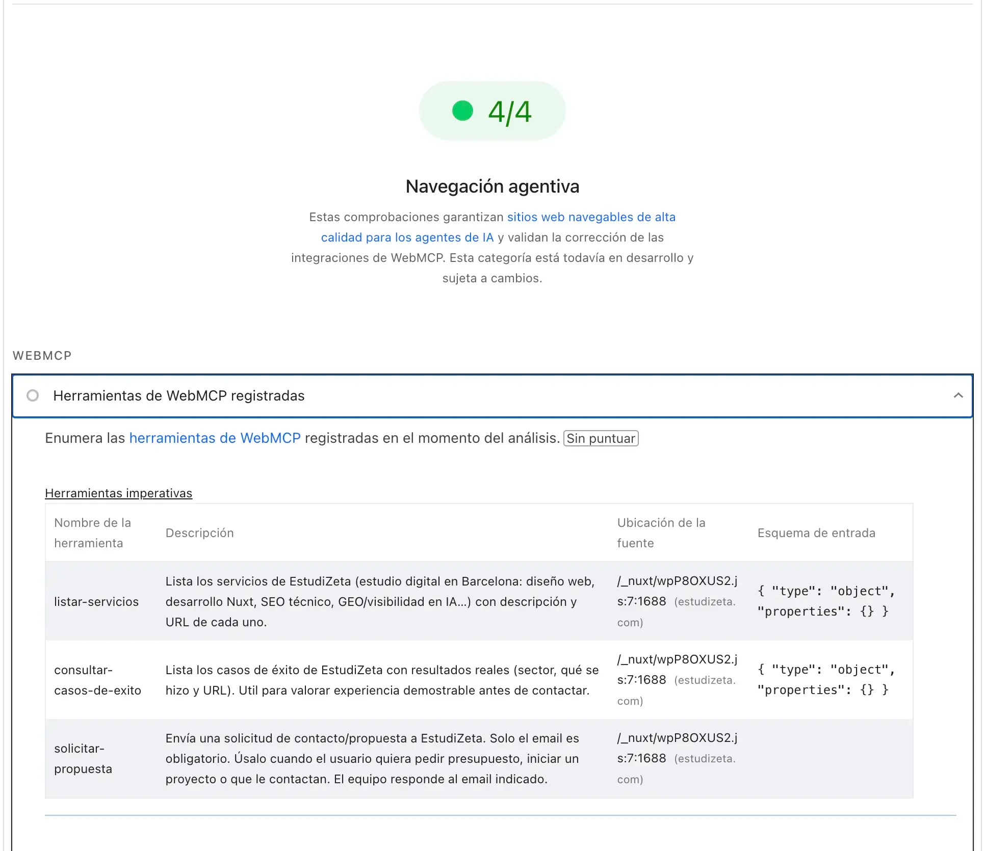 Detall de les eines WebMCP registrades a estudizeta.com