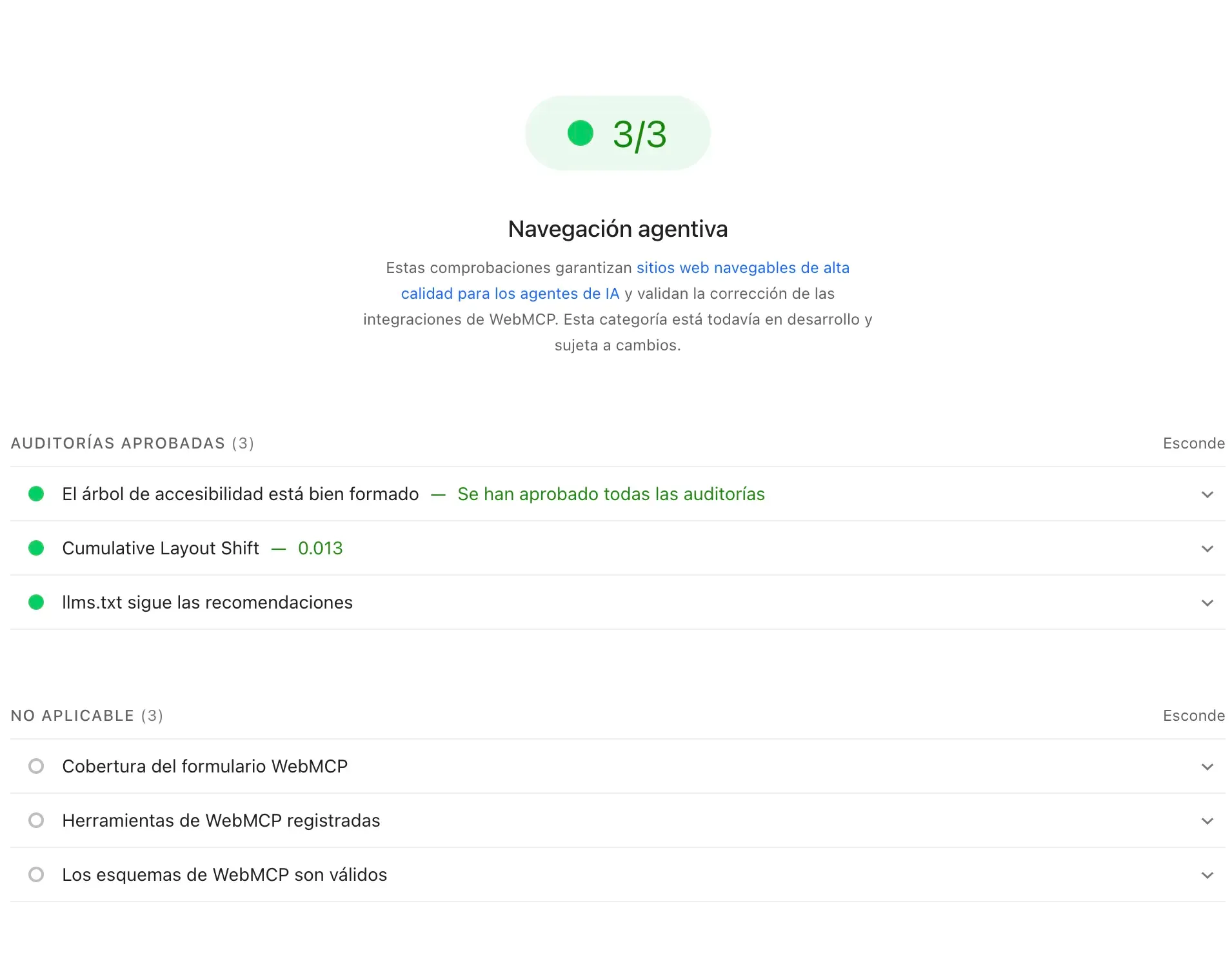 Resultado de PageSpeed Insights de estudizeta.com con 3 de 3 en la categoría de navegación agéntica