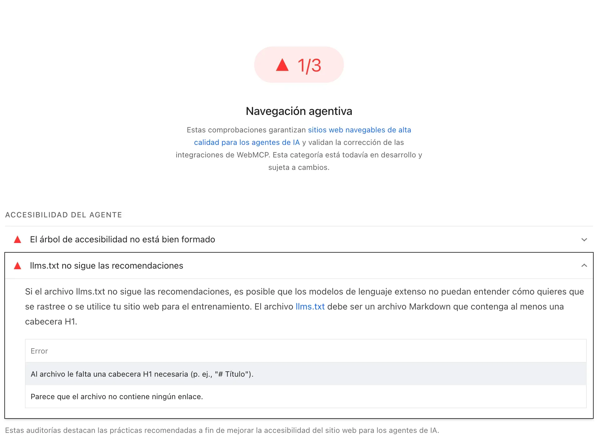 Resultados de pagespeed insights en navegación agéntica de una web anónima